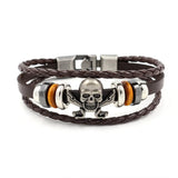 Vintage Punk Men's Leather Bracelet 925 Silver Skull Woven Bracelet