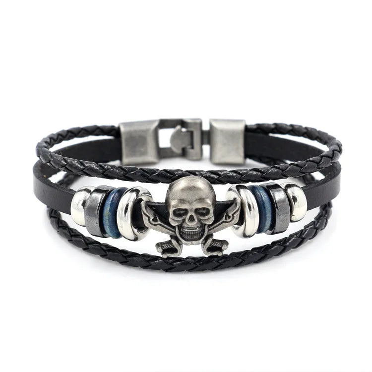 Vintage Punk Men's Leather Bracelet 925 Silver Skull Woven Bracelet