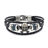 Vintage Punk Men's Leather Bracelet 925 Silver Skull Woven Bracelet