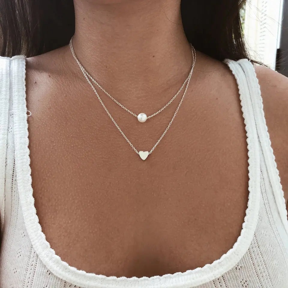 Vintage Punk Layer Necklace Stars Hearts Stripe Pearl Pendants Bohemian Gift