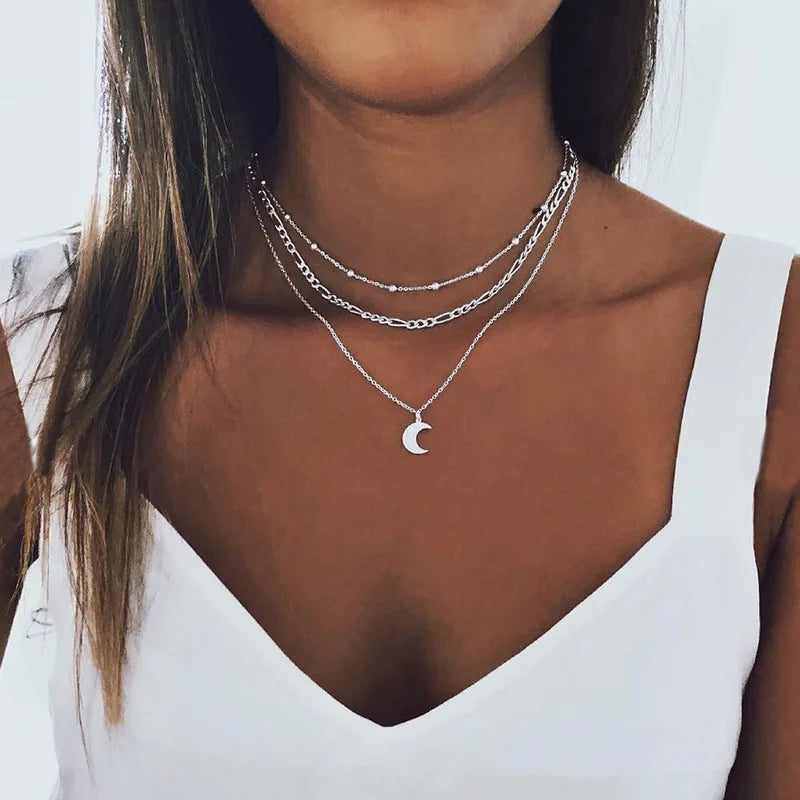 Vintage Punk Layer Necklace Stars Hearts Stripe Pearl Pendants Bohemian Gift