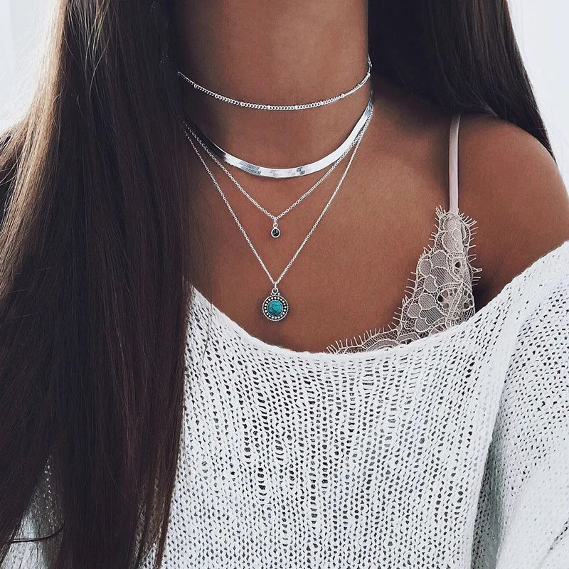 Vintage Punk Layer Necklace Stars Hearts Stripe Pearl Pendants Bohemian Gift