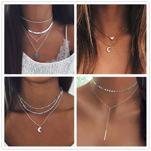 Vintage Punk Layer Necklace Stars Hearts Stripe Pearl Pendants Bohemian Gift