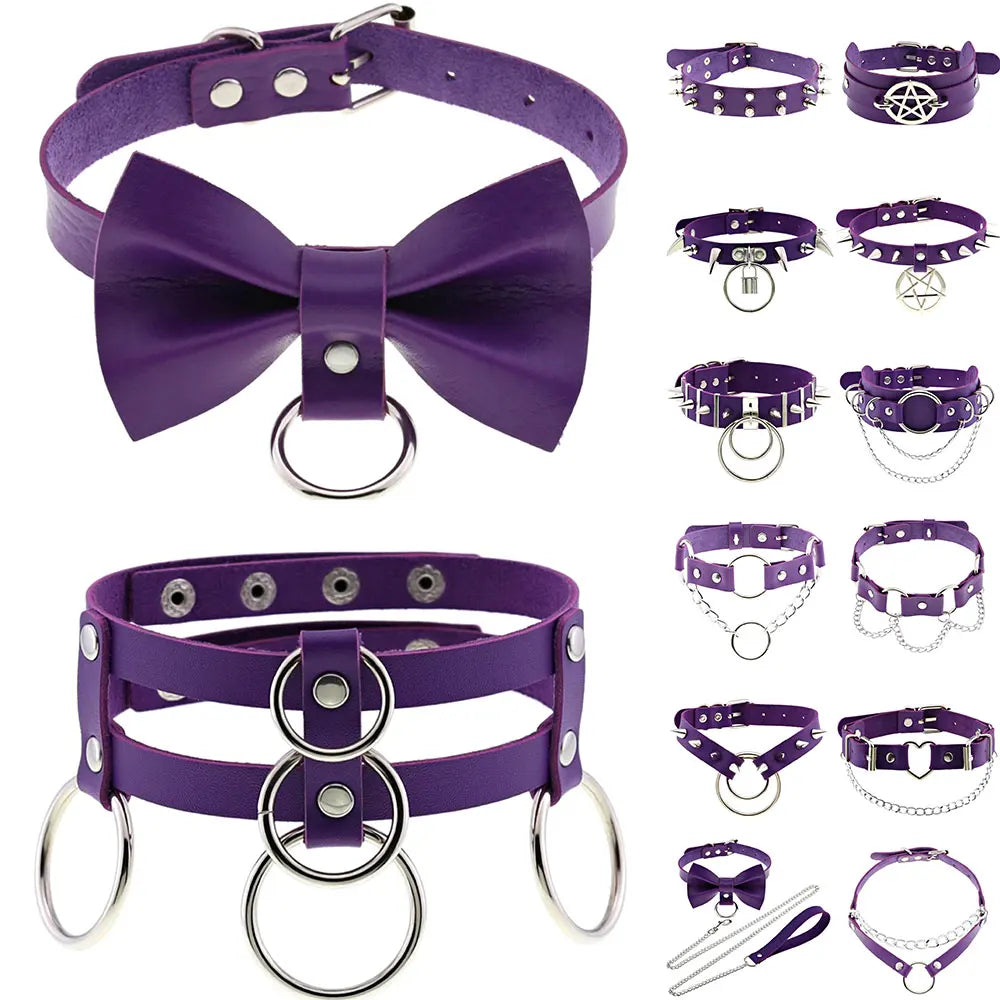 Vintage Punk Purple PU Leather Tassel Chain Necklace