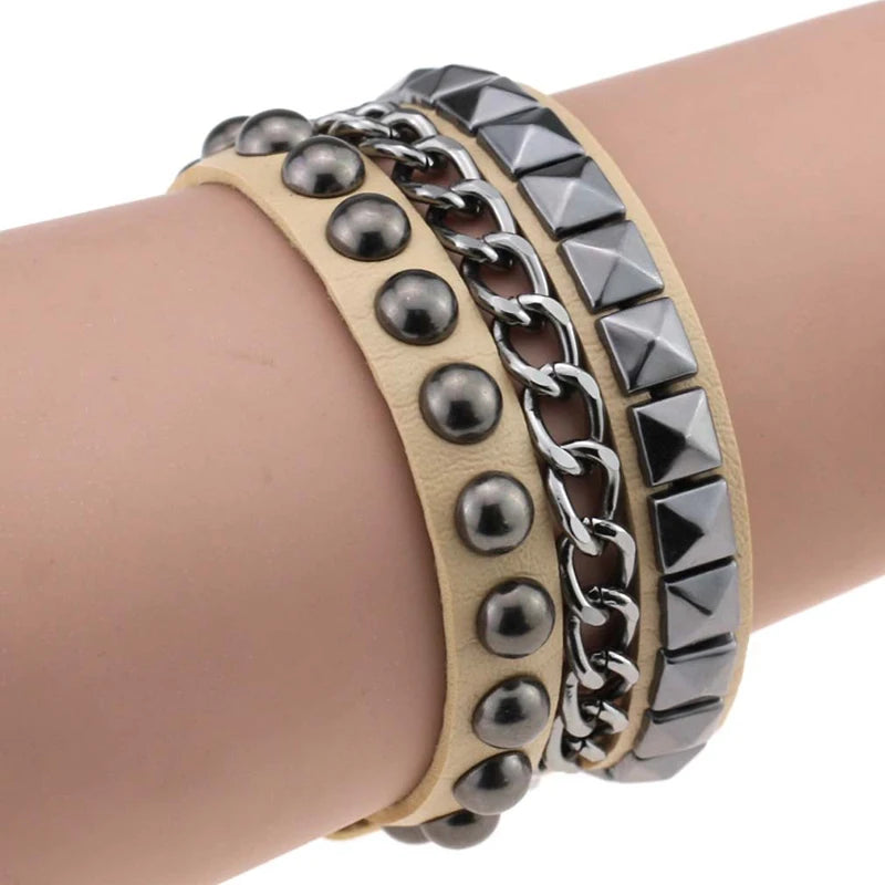 Vintage Punk Rock Leather Bracelets Wide Rivet Chains Gothic Cuff