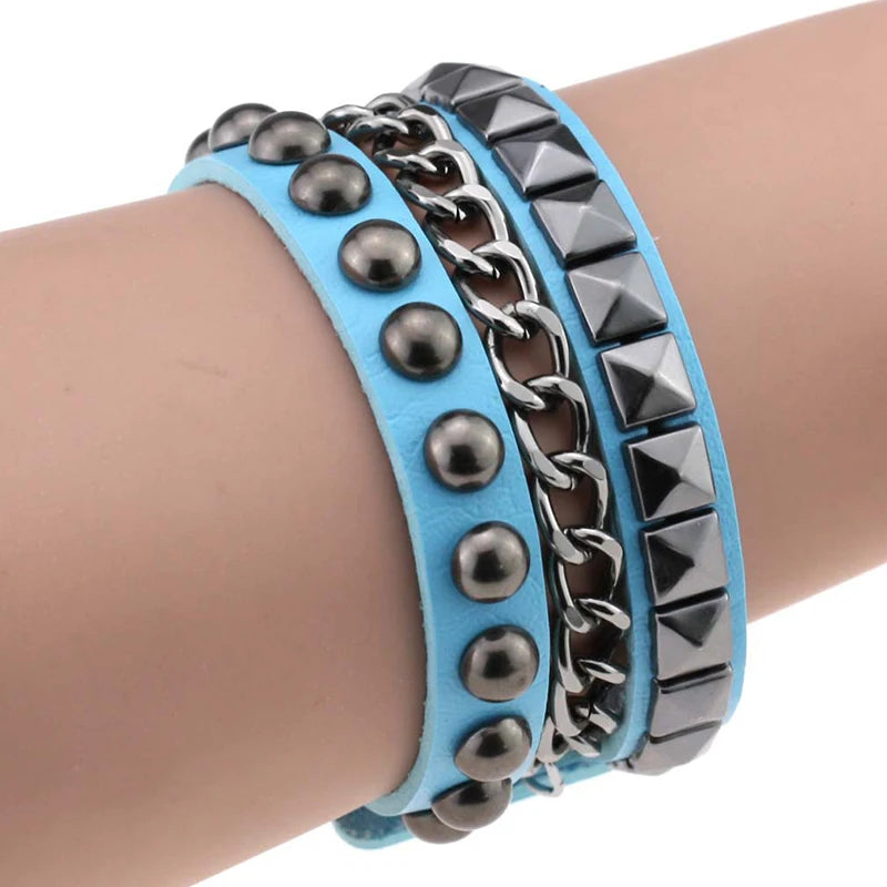Vintage Punk Rock Leather Bracelets Wide Rivet Chains Gothic Cuff