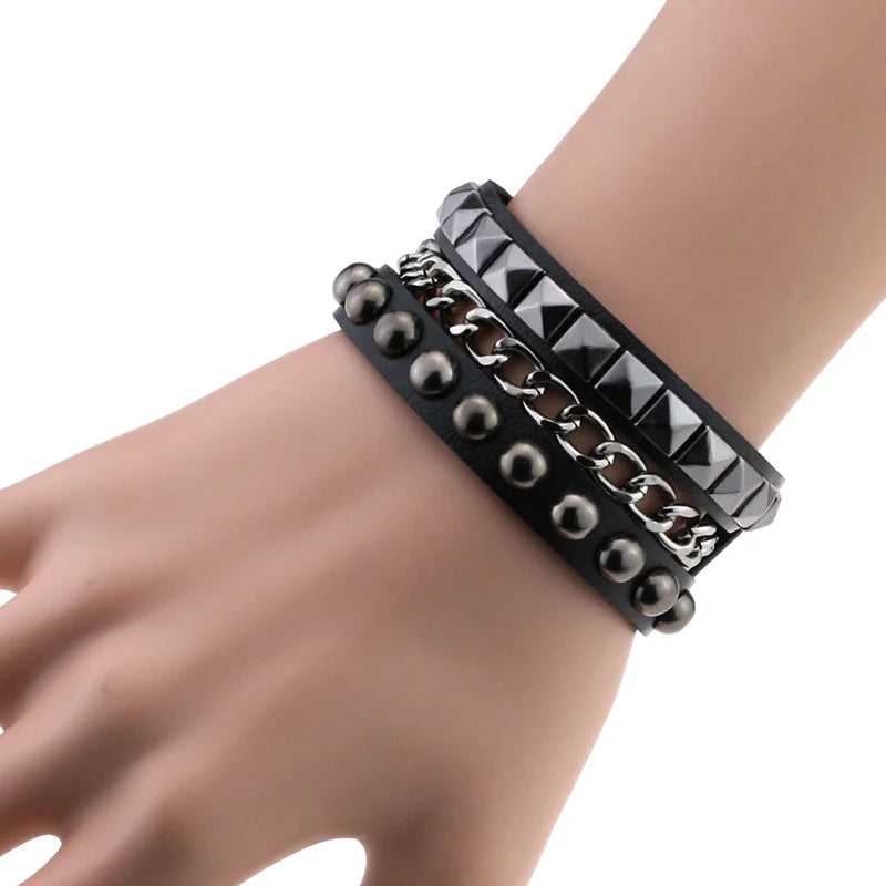 Vintage Punk Rock Leather Bracelets Wide Rivet Chains Gothic Cuff
