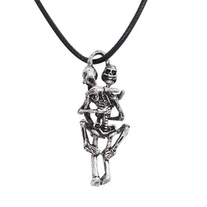 Vintage Punk Skull Hug Pendant Necklace Hip Hop Skeleton Leather Rope Chain Neck
