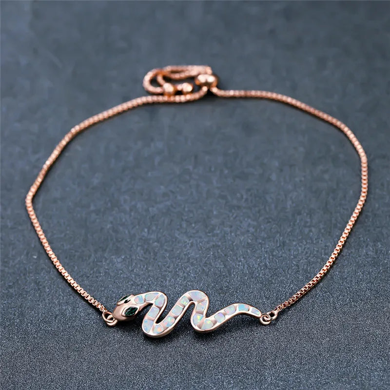 Vintage Punk Small Snake Bracelet Rose Silver Chain Opal Stone Animal Bracelets