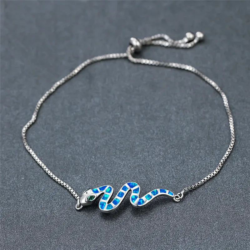 Vintage Punk Small Snake Bracelet Rose Silver Chain Opal Stone Animal Bracelets