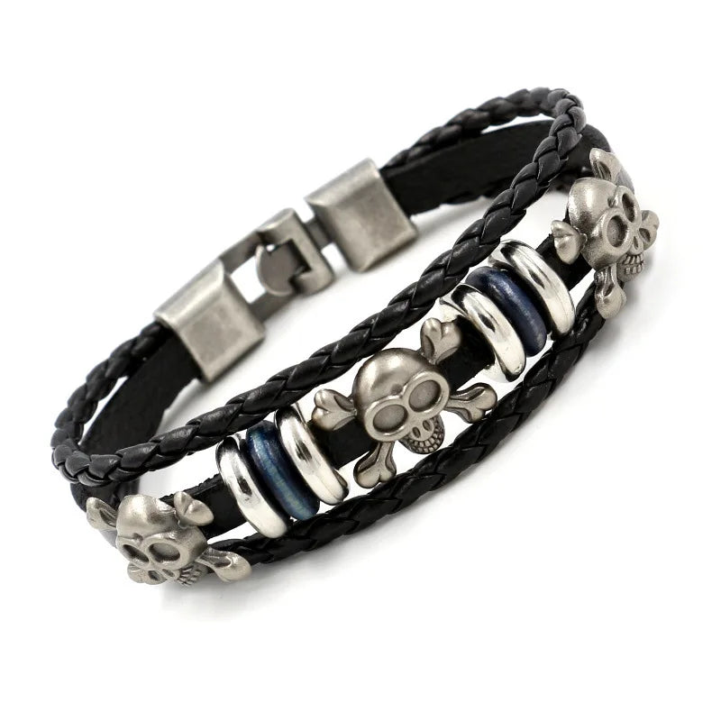 Men's Leather Skull Bracelet 925 Silver Punk Style