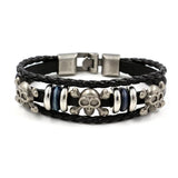 Men's Leather Skull Bracelet 925 Silver Punk Style