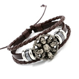 Vintage Punk Style Studded Leather Bracelet 925 Silver Skull Beaded Hand-woven