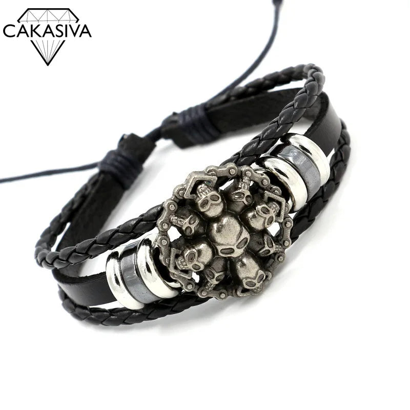 Vintage Punk Style Studded Leather Bracelet 925 Silver Skull Beaded Hand-woven