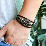 Vintage Punk Style Studded Leather Bracelet 925 Silver Skull Beaded Hand-woven