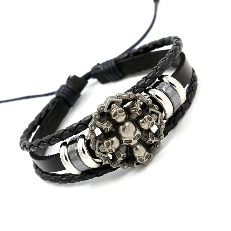 Vintage Punk Style Studded Leather Bracelet 925 Silver Skull Beaded Hand-woven