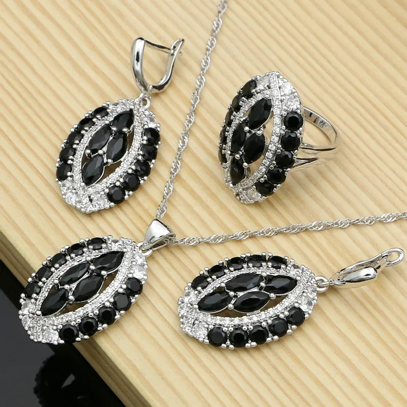 Vintage Punk Women 925 Silver Stone Earrings Necklace Sets