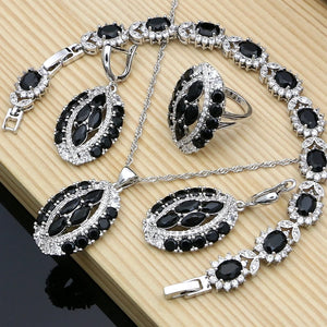 Vintage Punk Women 925 Silver Stone Earrings Necklace Sets