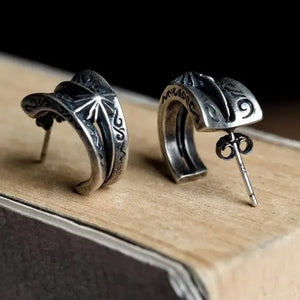 Vintage 925 Silver Geometric Pattern Stud Earrings Ethnic Jewelry