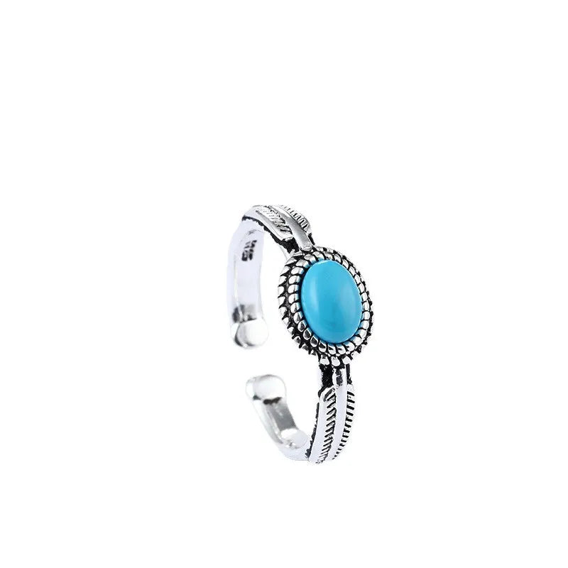 Vintage 925 Sterling Silver Turquoise Leaf Adjustable Ring for Women