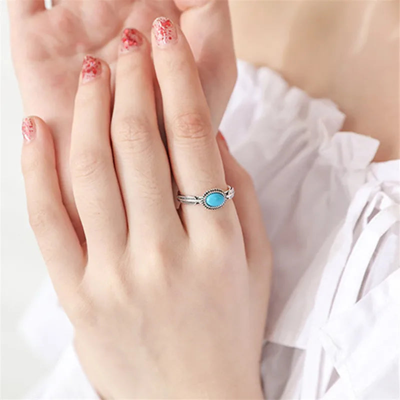 Vintage 925 Sterling Silver Turquoise Leaf Adjustable Ring for Women