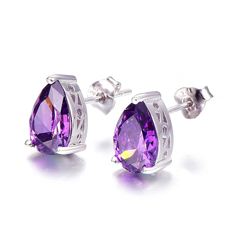 Vintage Amethyst Stone Pierced Earrings Sterling Silver