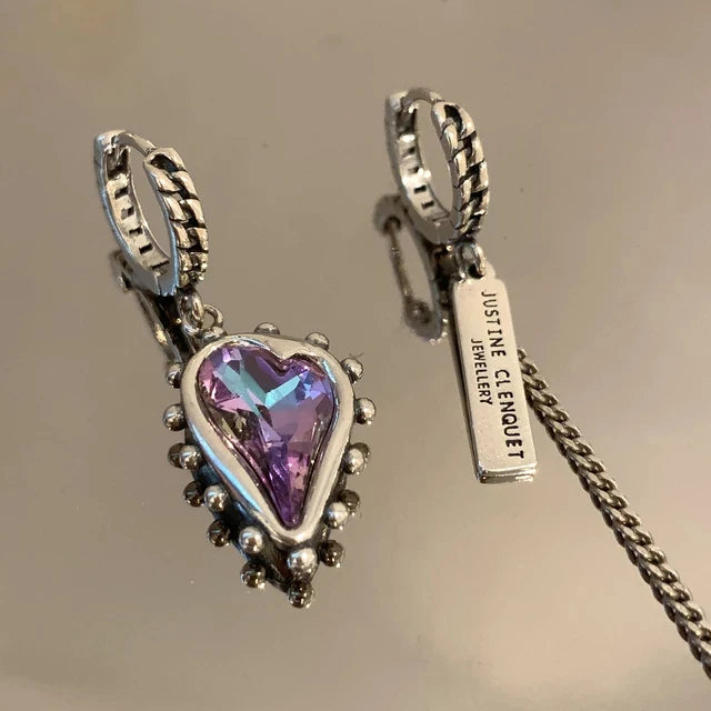 Vintage Purple Crystal Heart Drop Dangle Hoop Earrings For Women