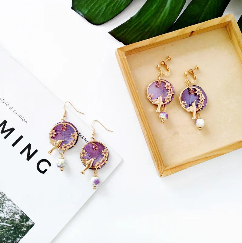 Vintage Purple Shell Beads Earrings Round Circel Flower Birds Clip Earrings