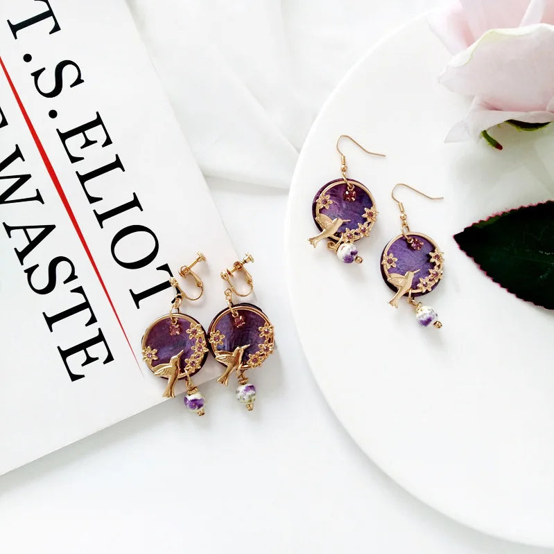 Vintage Purple Shell Beads Earrings Round Circel Flower Birds Clip Earrings