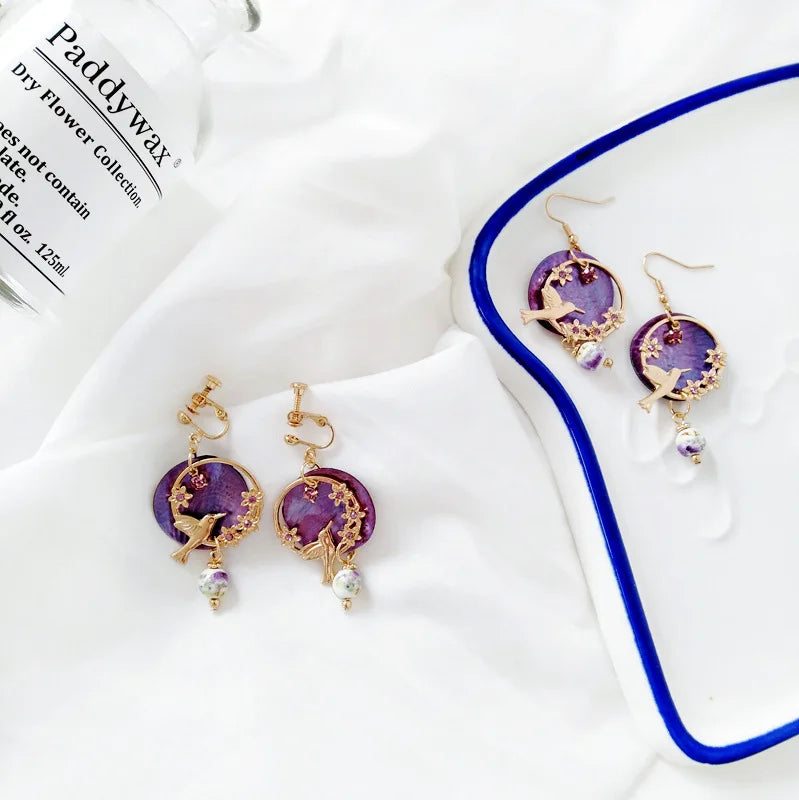 Vintage Purple Shell Beads Earrings Round Circel Flower Birds Clip Earrings