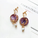 Vintage Purple Shell Beads Earrings Round Circel Flower Birds Clip Earrings