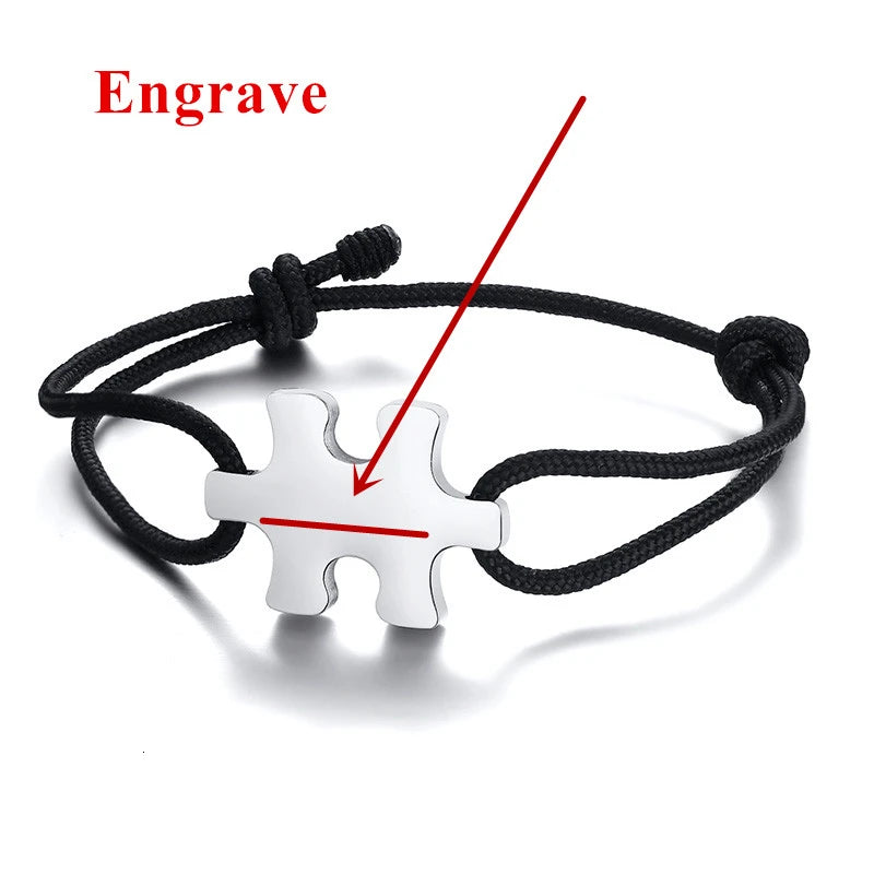 Vintage Puzzle Couple Rope Bracelets Personalized Name Plate ID Bracelet