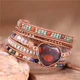Vintage Red Gemstones Heart Charm Leather Bracelet
