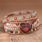 Vintage Red Gemstones Heart Charm Leather Bracelet