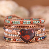 Vintage Red Gemstones Heart Charm Leather Bracelet