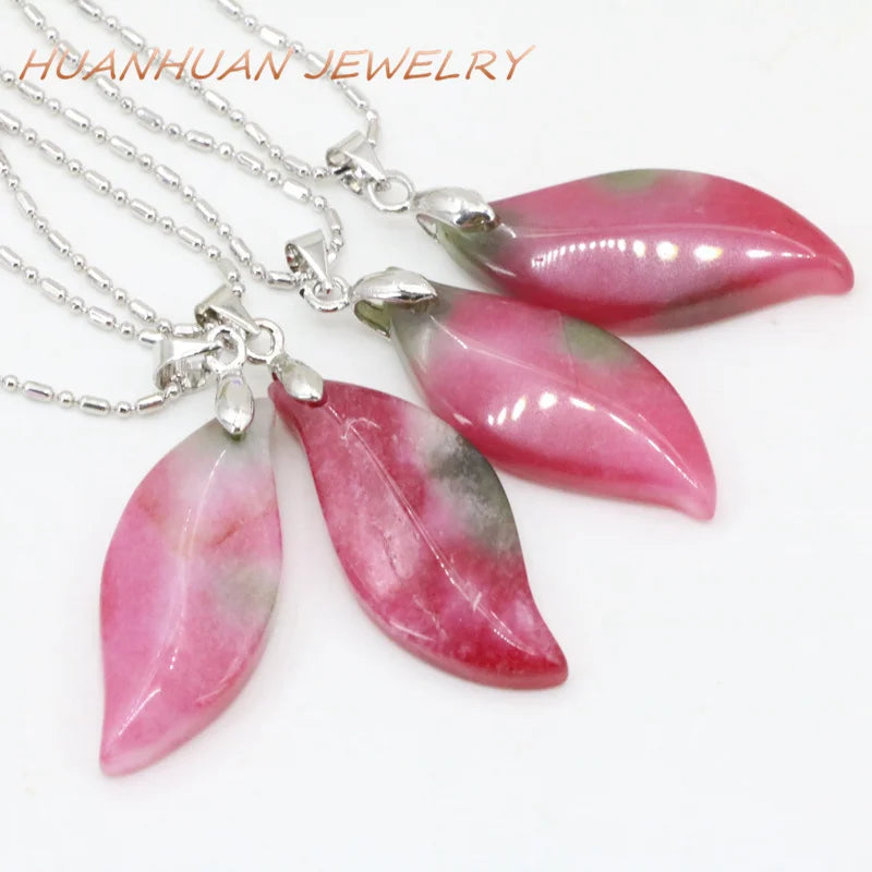 Vintage Red Long Leaves Shape Necklace Natural Stone Pendant