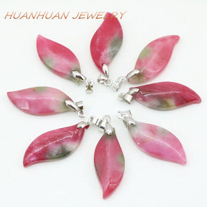 Vintage Red Long Leaves Shape Necklace Natural Stone Pendant