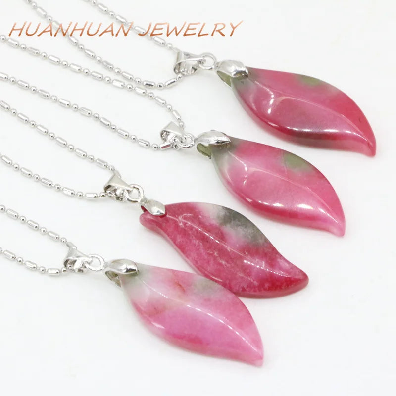 Vintage Red Long Leaves Shape Necklace Natural Stone Pendant