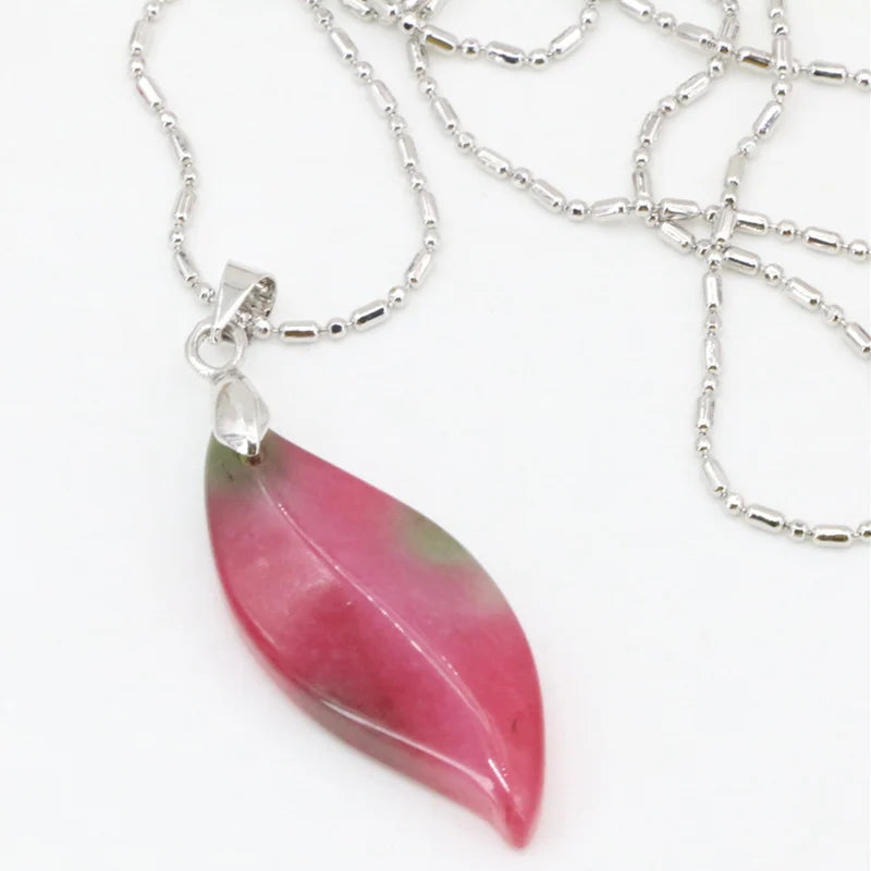 Vintage Red Long Leaves Shape Necklace Natural Stone Pendant