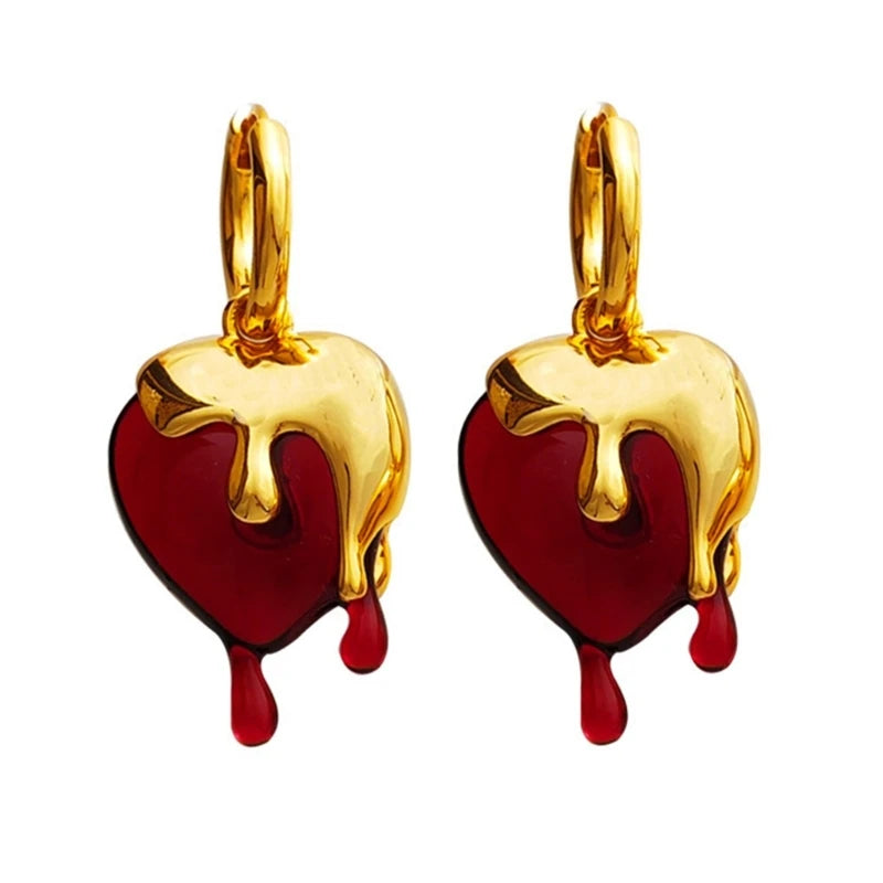 Vintage Red Heart Drop Earrings Dangle Statement Hoop Valentines Gift