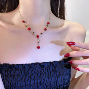 Vintage Red Rose Flower Necklace Bracelet Earring Set for Women