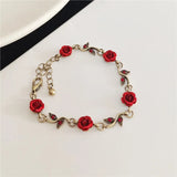 Vintage Red Rose Flower Necklace Bracelet Earring Set for Women