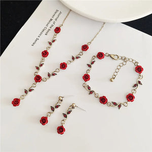 Vintage Red Rose Flower Necklace Bracelet Earring Set for Women