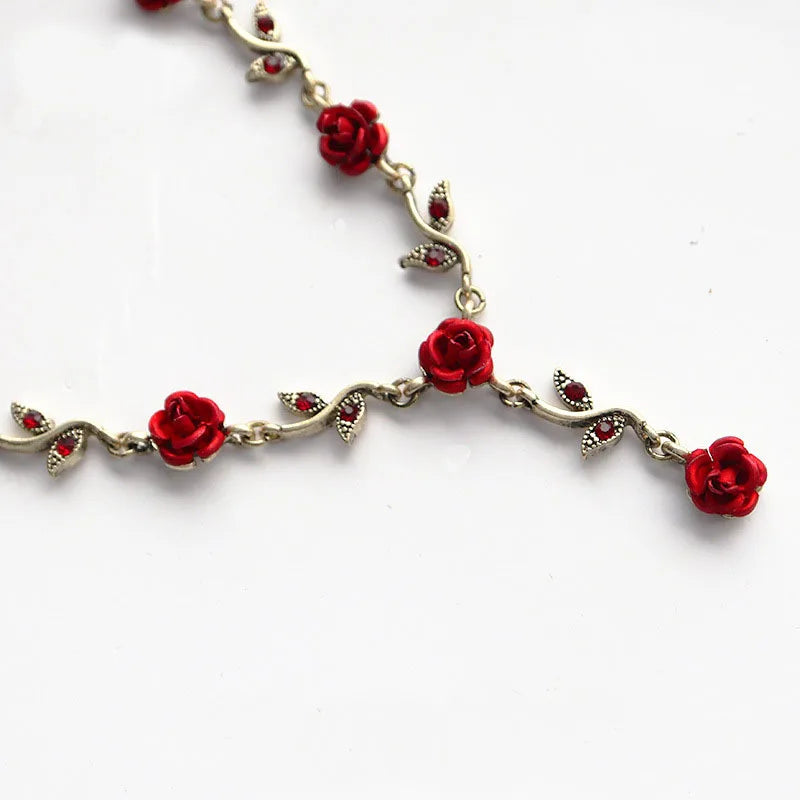 Vintage Red Rose Flower Necklace Bracelet Earring Set for Women