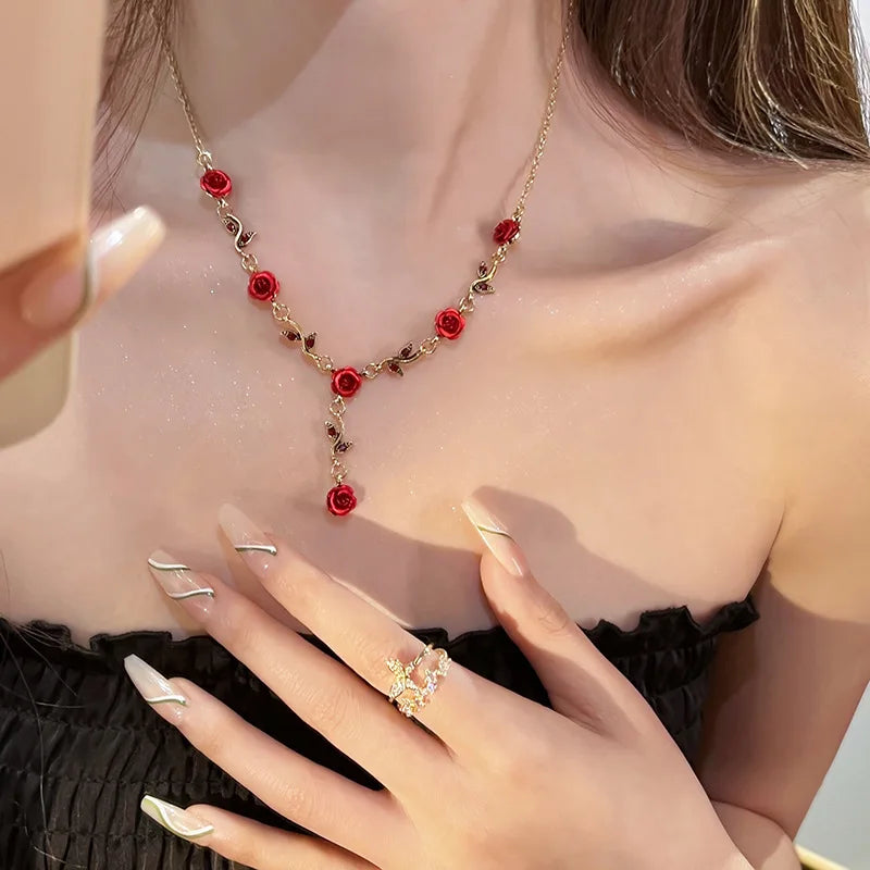 Vintage Red Rose Flower Necklace Bracelet Earring Set for Women