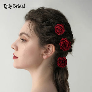Vintage Red Rose Hair Pins 3pcs/set Bridal Flower Hair Accessories
