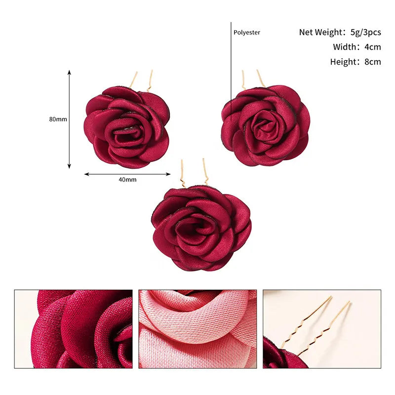 Vintage Red Rose Hair Pins 3pcs/set Bridal Flower Hair Accessories