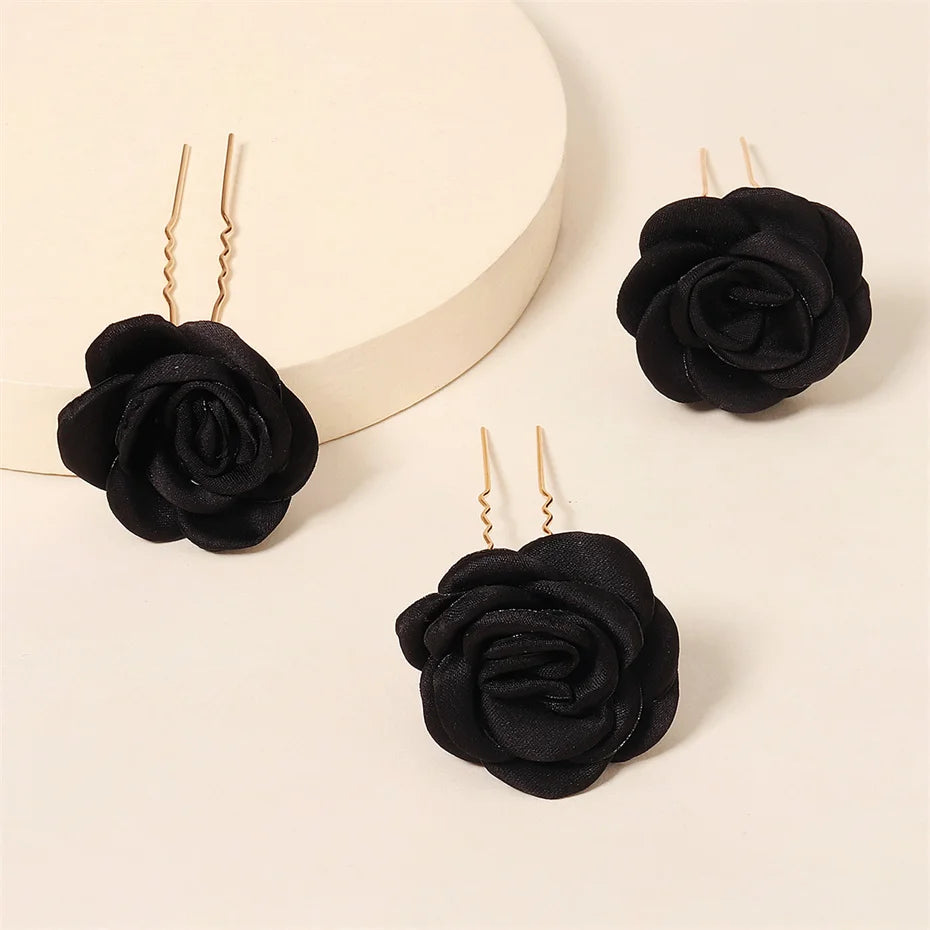 Vintage Red Rose Hair Pins 3pcs/set Bridal Flower Hair Accessories