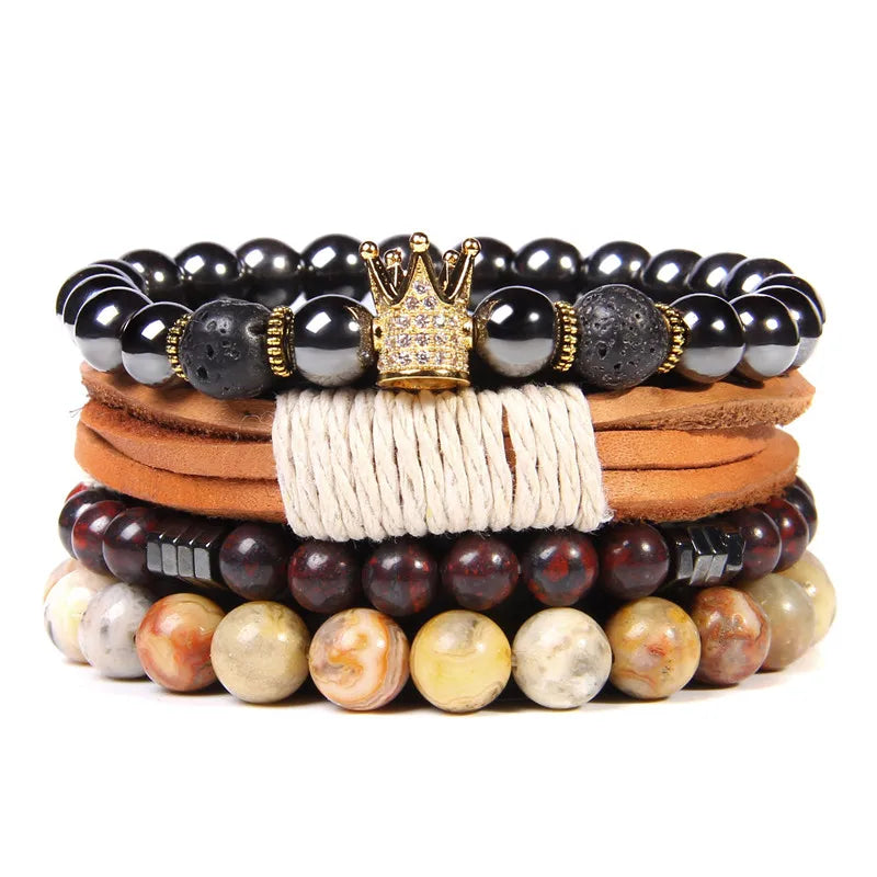 Red Leather Wrap Bracelets for Men Arrow Charm Beaded Stone Set