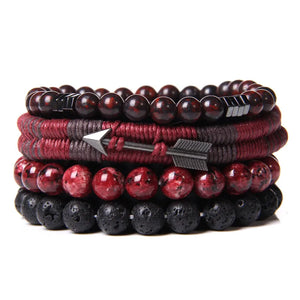Vintage Red Wrap Leather Bracelets Men Arrow Charm Wood Beads Multilayer